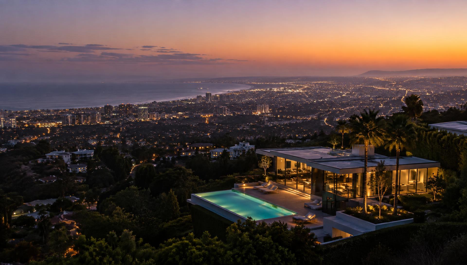 Los Angeles at dusk from the hills looking west to Santa Monica Bay